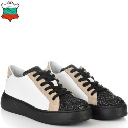 ДАМСКИ КЕЦОВЕ ОТ ЕСТЕСТВЕНА КОЖА С БРОКАТ-7073-БЯЛО/ЧЕРНО