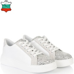 ДАМСКИ КЕЦОВЕ ОТ ЕСТЕСТВЕНА КОЖА И БРОКАТ-7073-БЯЛО/СРЕБЪРНО