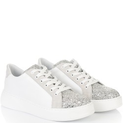 ДАМСКИ КЕЦОВЕ ОТ ЕСТЕСТВЕНА КОЖА И БРОКАТ-7073-БЯЛО/СРЕБЪРНО