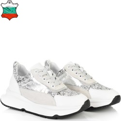 ДАМСКИ КЕЦОВЕ ОТ ЕСТЕСТВЕНА КОЖА С БРОКАТ-4060-БЯЛО/СРЕБЪРНО