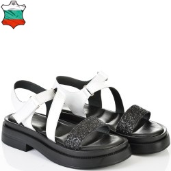 ДАМСКИ САНДАЛИ ОТ ЕСТЕСТВЕНА КОЖА И БРОКАТ-6008A-ЧЕРНО/БЯЛО