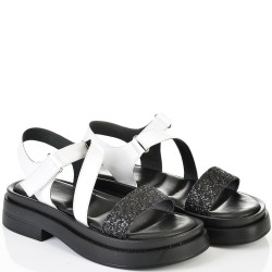 ДАМСКИ САНДАЛИ ОТ ЕСТЕСТВЕНА КОЖА И БРОКАТ-6008A-ЧЕРНО/БЯЛО
