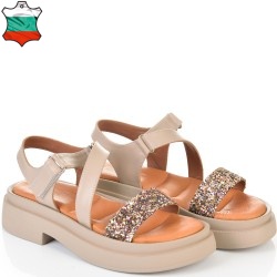 ДАМСКИ САНДАЛИ ОТ ЕСТЕСТВЕНА КОЖА И БРОКАТ-6008A-БЕЖОВИ