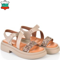 ДАМСКИ САНДАЛИ ОТ ЕСТЕСТВЕНА КОЖА И БРОКАТ-6008A-БЕЖОВИ