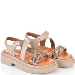 ДАМСКИ САНДАЛИ ОТ ЕСТЕСТВЕНА КОЖА И БРОКАТ-6008A-БЕЖОВИ