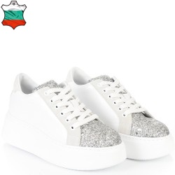 ДАМСКИ КЕЦОВЕ НА ПОВДИГНАТО ХОДИЛО  ОТ ЕСТЕСТВЕНА КОЖА С БРОКАТ-7073A-БЯЛО/СРЕБЪРНО