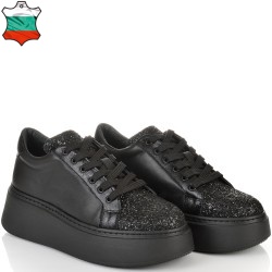 ДАМСКИ КЕЦОВЕ НА ПОВДИГНАТО ХОДИЛО  ОТ ЕСТЕСТВЕНА КОЖА С БРОКАТ-7073A-ЧЕРНИ