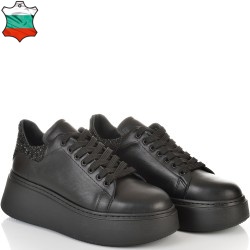 ДАМСКИ КЕЦОВЕ НА ПОВДИГНАТО ХОДИЛО  ОТ ЕСТЕСТВЕНА КОЖА С БРОКАТ-7070-ЧЕРНИ