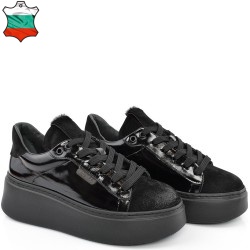 ДАМСКИ КЕЦОВЕ НА ПОВДИГНАТО ХОДИЛО  ОТ ЕСТЕСТВЕН ЛАК С ВЕЛУР-C7080-ЧЕРНИ