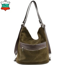 БЪЛГАРСКА ДАМСКА ЧАНТА/РАНИЦА ОТ ЕСТЕСТВЕН ВЕЛУР-S1348-ЗЕЛЕНА